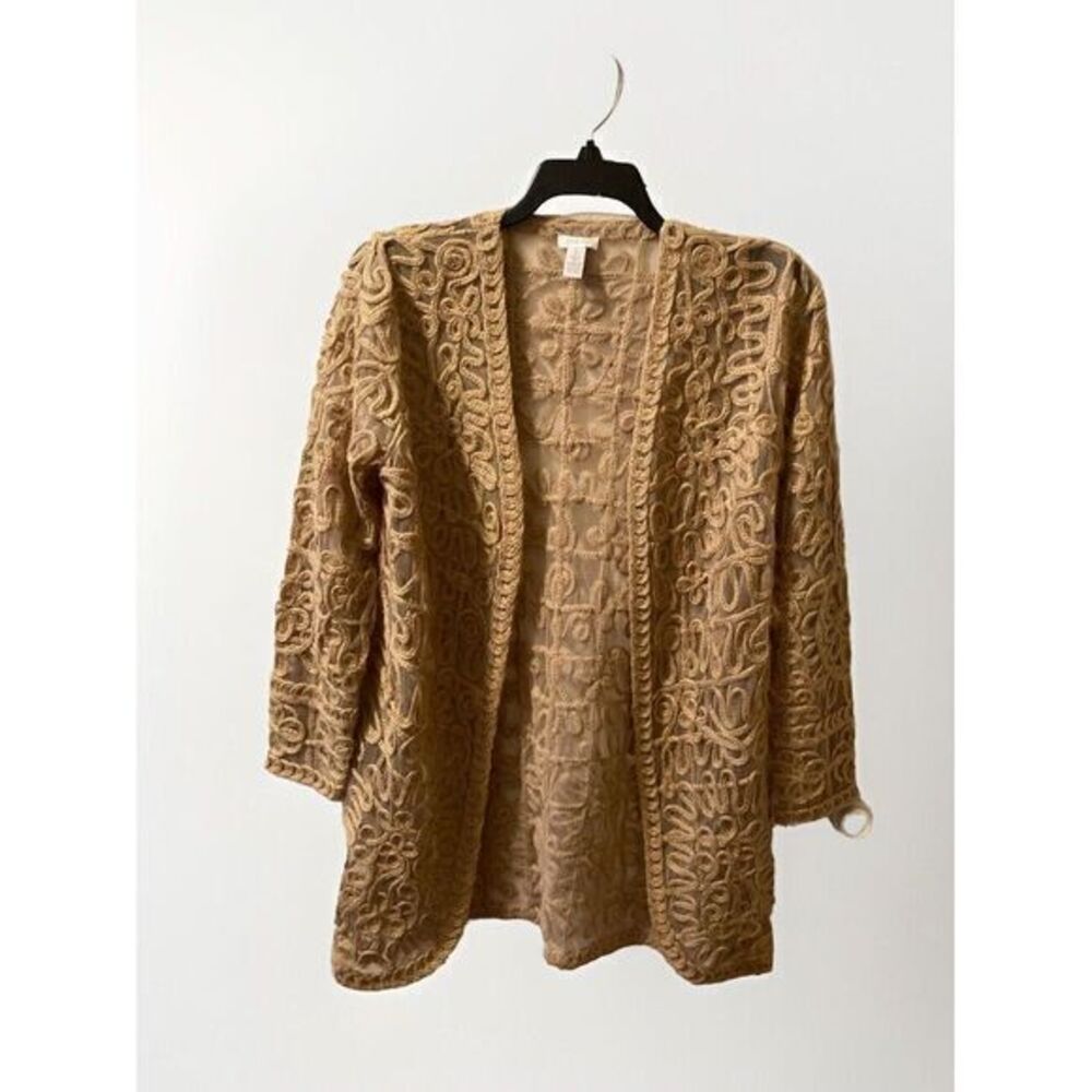 Chicos Beige Gold Mesh Applique Open Cardigan‎ Unique Sheer Knit Size Small